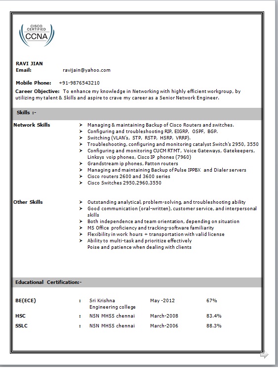 Resume for network technician